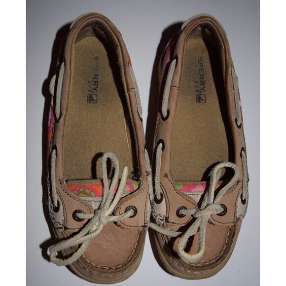 EUC SPERRY TOP SIDER GIRLS ANGELFISH FLORAL BROWN TAN BOAT DECK SHOES SIZE 12.5 - Picture 1 of 7